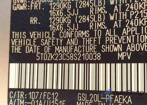 2008 Toyota Sienna Le z USA, uszkodzony, nr VIN 5TDZK23C58S210038